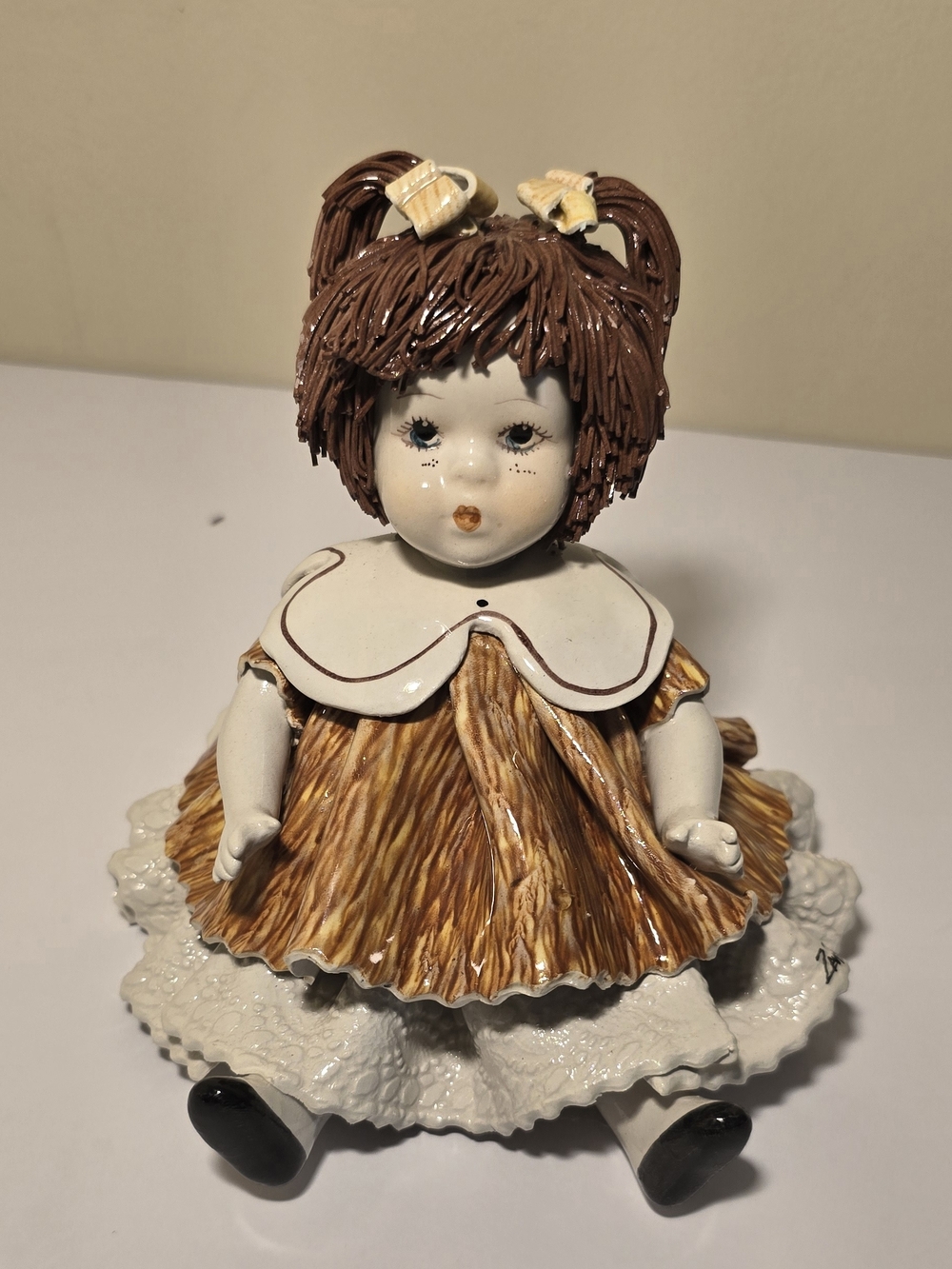 Zampiva Spaghetti Hair Doll Figurine Seated Girl Orange/Yellow Dress Italy